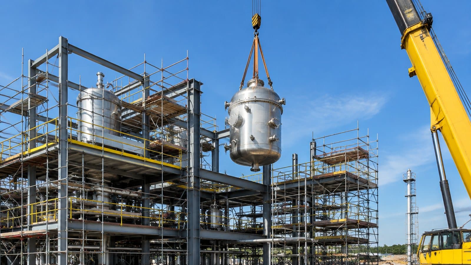 A reactor vessel being craned into a pilot plant under construction