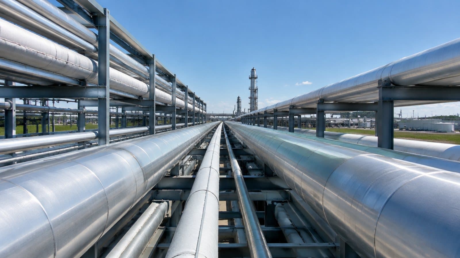 A pipe rack at a process plant in daylight