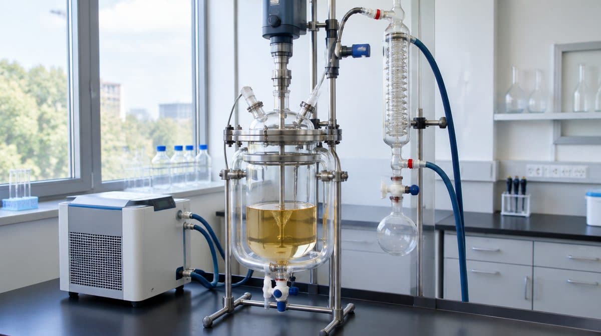 A jacketed glass reactor on a laboratory bench